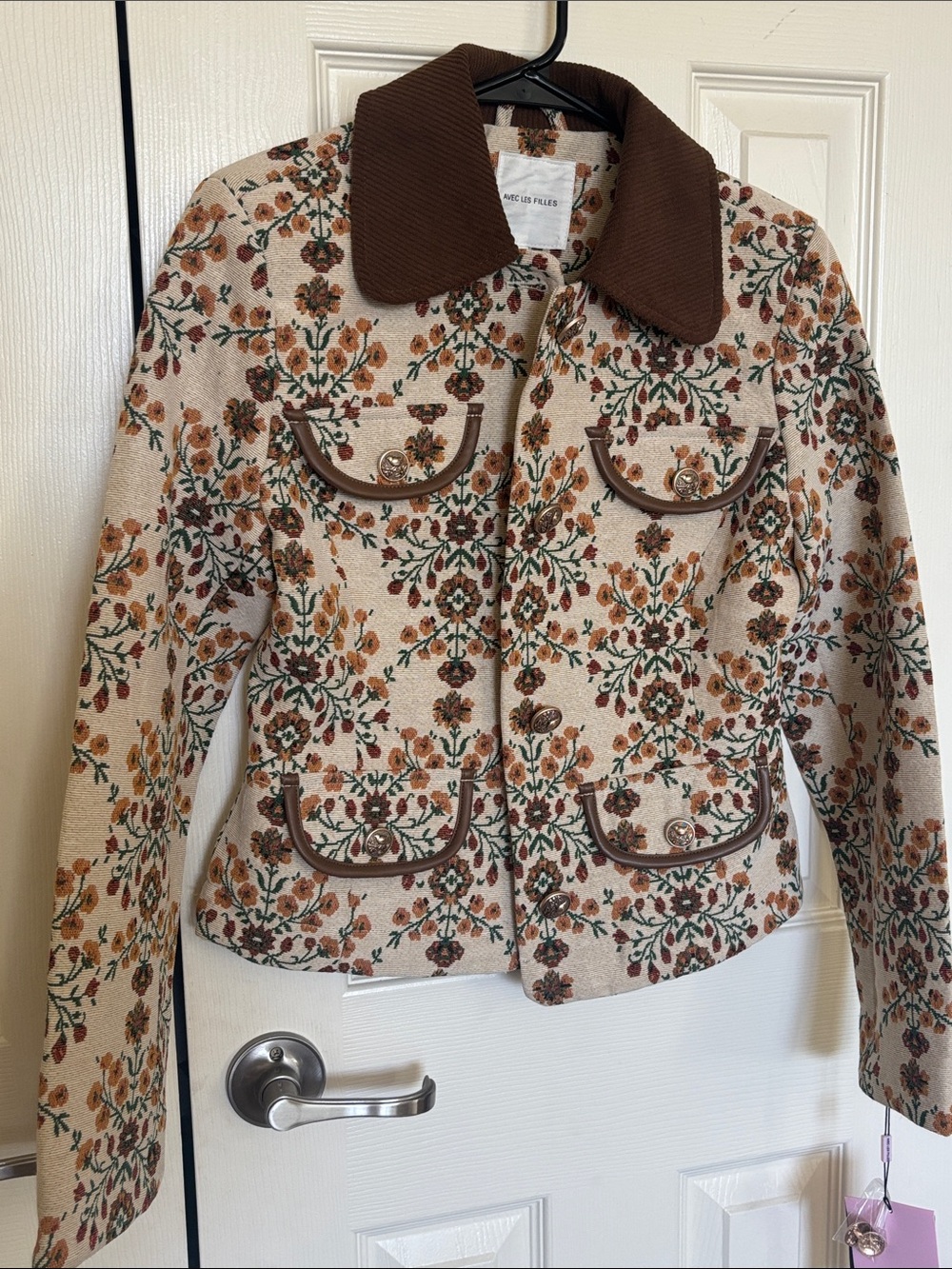 Avec Les Filles Cream Floral Cream Jacquard Cropped Jacket Brown Corduroy Collar - Picture 3 of 8